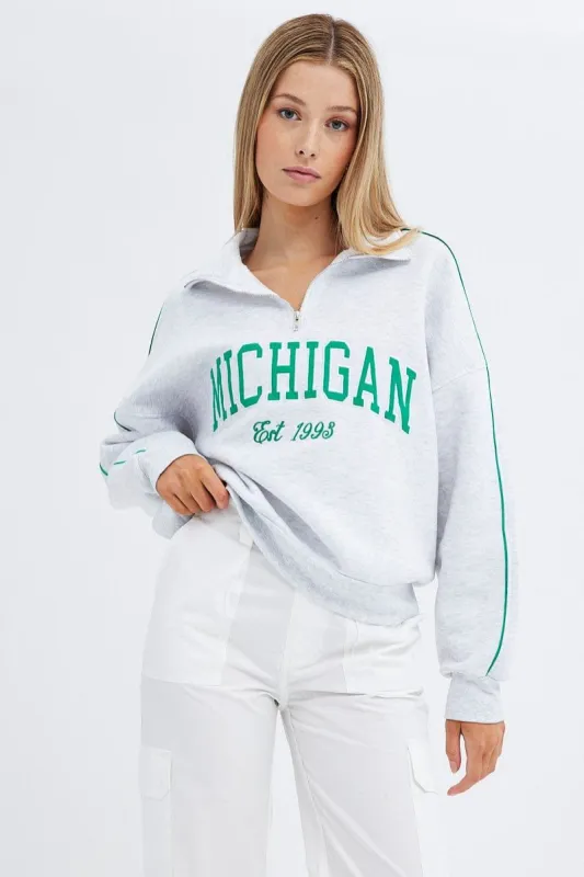 Grey Sweater Collar Half Zip Thru Long Sleeve Applique sold by Ally Fashion