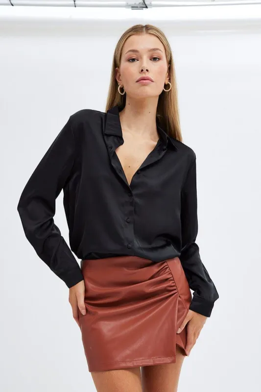 Black Shirt Long Sleeve Collared Longline Matte Satin sold by Ally Fashion
