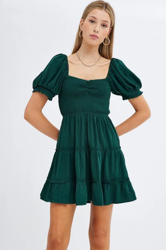 Green Fit And Flare Dress Puff Sleeve Mini sold by Ally Fashion