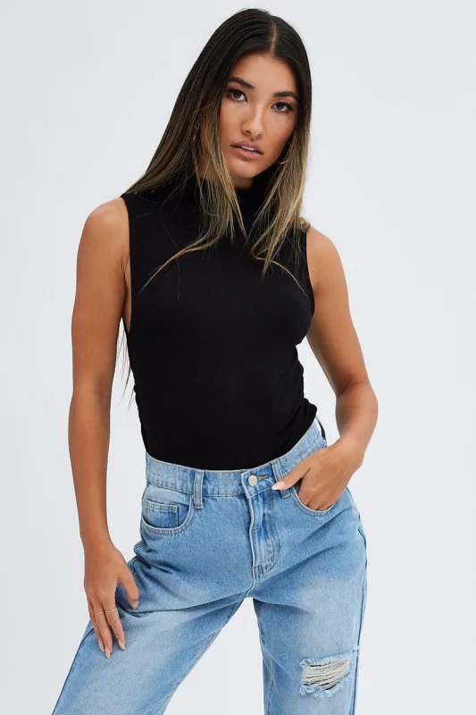 Black Top Sleeveless Cowl Neck Rib sold by Ally Fashion