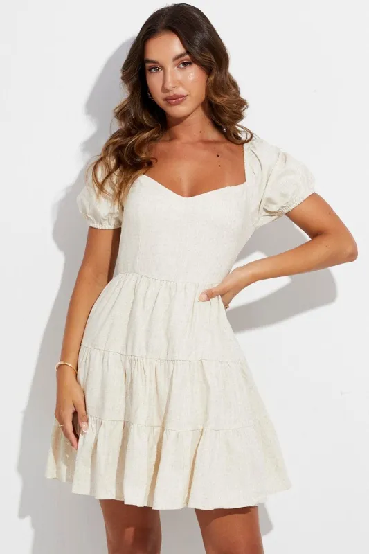 Beige Skater Dress Short Sleeve Tiered sold by Ally Fashion