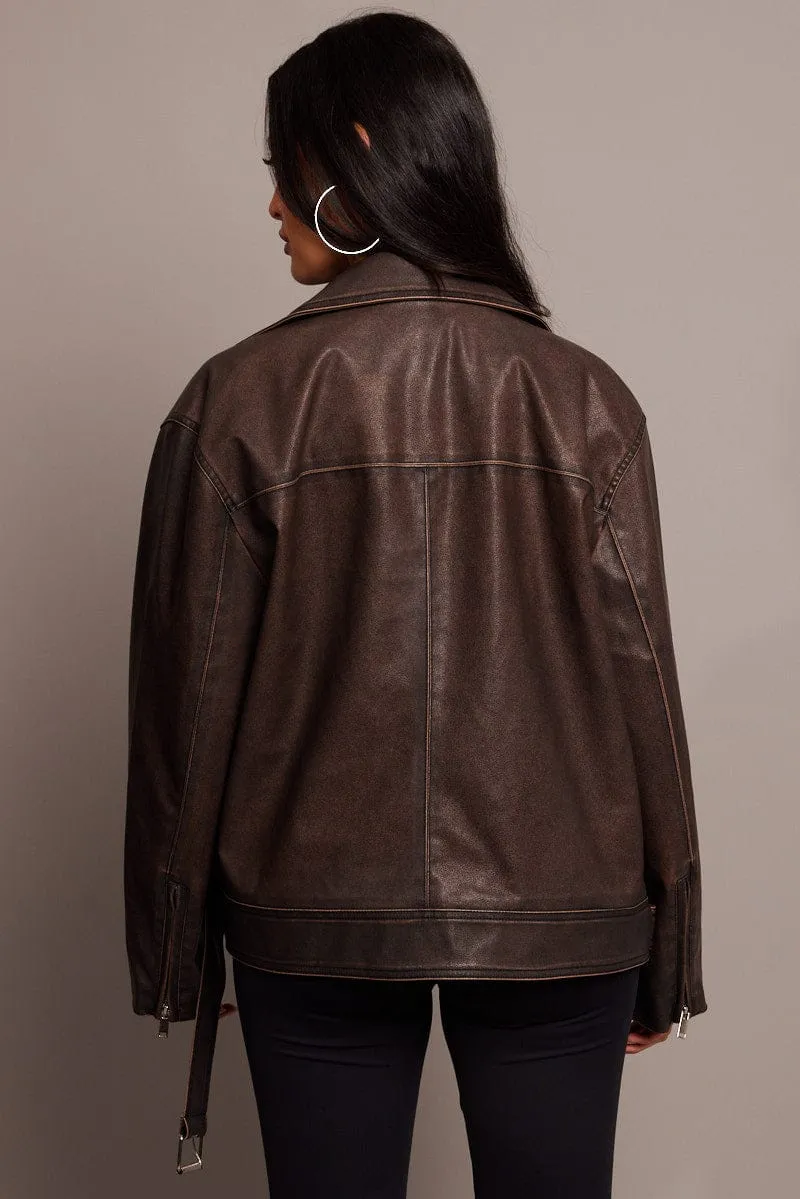 Brown Biker Jacket Faux Leather Oversized sold by Ally Fashion product image thumbnail 5