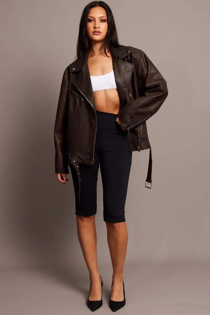 Brown Biker Jacket Faux Leather Oversized sold by Ally Fashion product image thumbnail 2