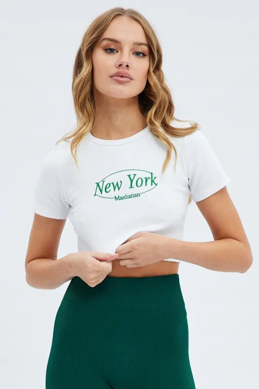 White Tee Crop Short Sleeve New York Embroidery sold by Ally Fashion