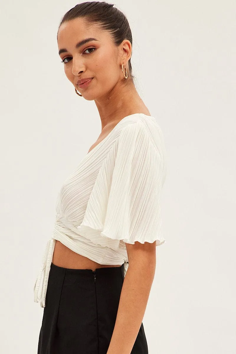 White Crop Top Short Sleeve Plisse Ruched Front sold by Ally Fashion product image thumbnail 4