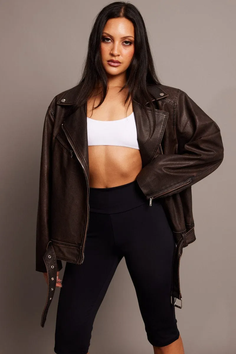 Brown Biker Jacket Faux Leather Oversized sold by Ally Fashion product image thumbnail 3