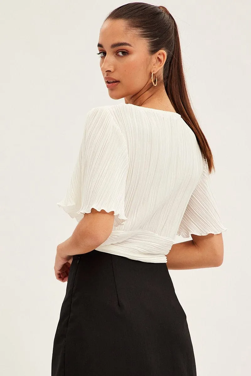 White Crop Top Short Sleeve Plisse Ruched Front sold by Ally Fashion product image thumbnail 5