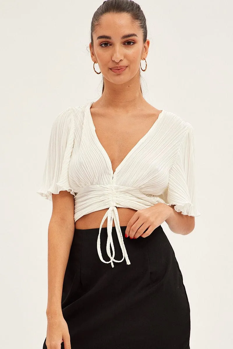 White Crop Top Short Sleeve Plisse Ruched Front sold by Ally Fashion