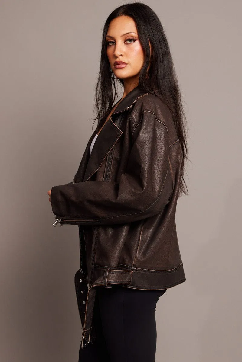 Brown Biker Jacket Faux Leather Oversized sold by Ally Fashion product image thumbnail 4