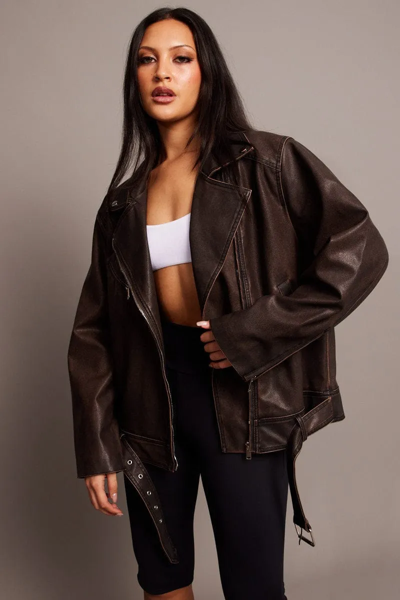 Brown Biker Jacket Faux Leather Oversized sold by Ally Fashion