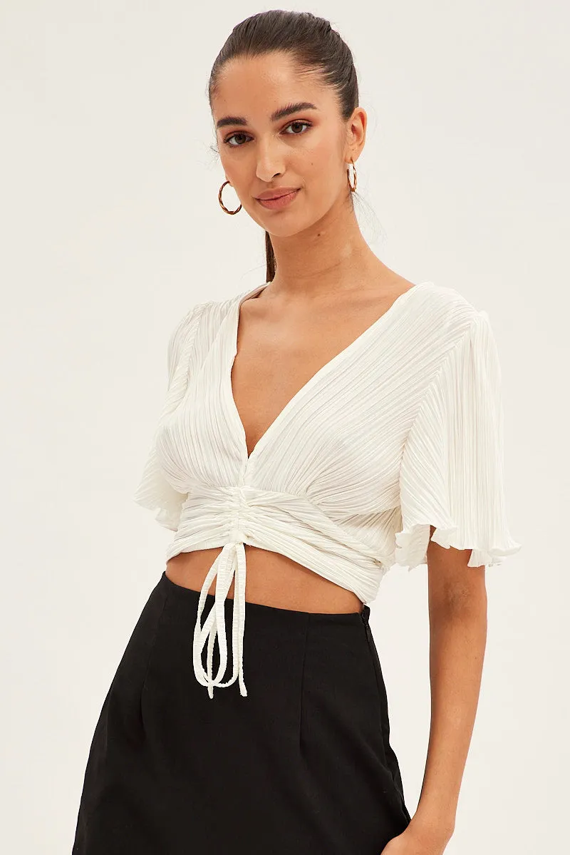 White Crop Top Short Sleeve Plisse Ruched Front sold by Ally Fashion product image thumbnail 3