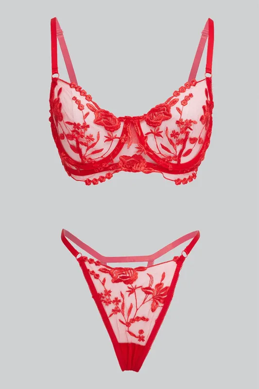 Red Floral Embroidered Lingerie Set sold by Ally Fashion