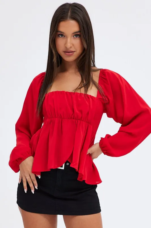 Red Top Long Sleeve Square Neck Shirred Ruched sold by Ally Fashion