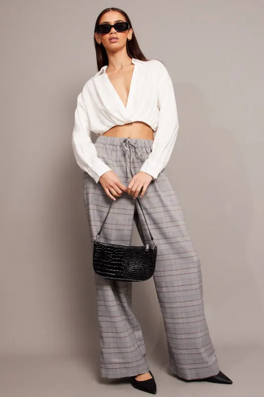 Grey Check Wide Leg Pants Elastic Waist sold by Ally Fashion