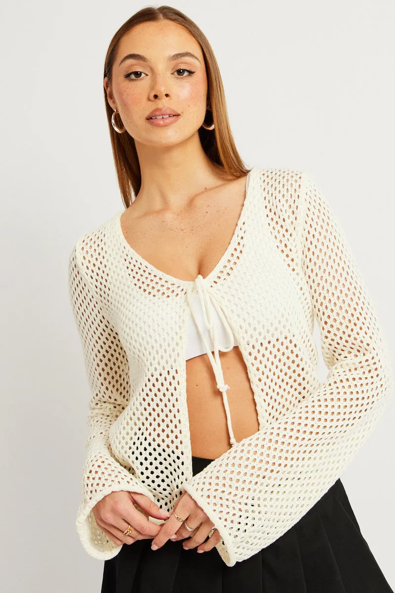 White Crochet Cardigan Long Sleeve V Neck Tie Up sold by Ally Fashion product image thumbnail 3