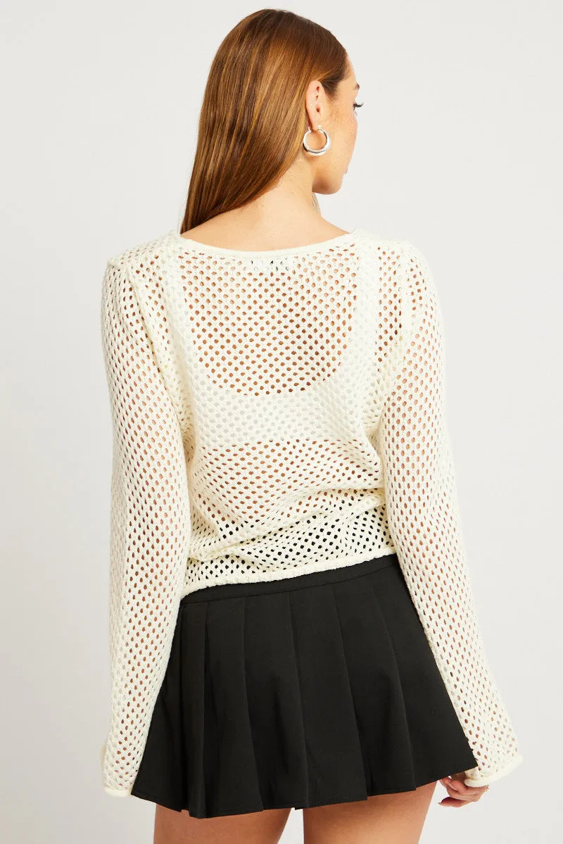 White Crochet Cardigan Long Sleeve V Neck Tie Up sold by Ally Fashion product image thumbnail 5