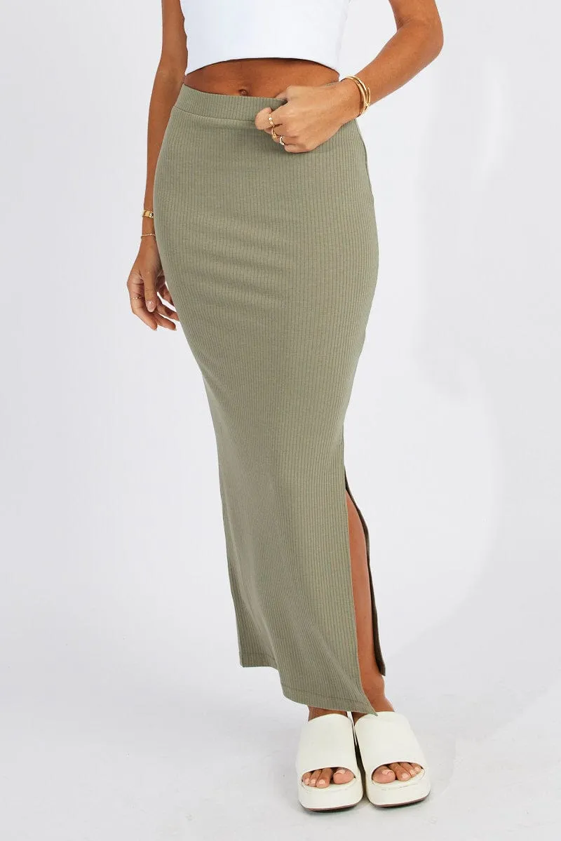 Green Midi Skirt High Rise Rib Jersey sold by Ally Fashion