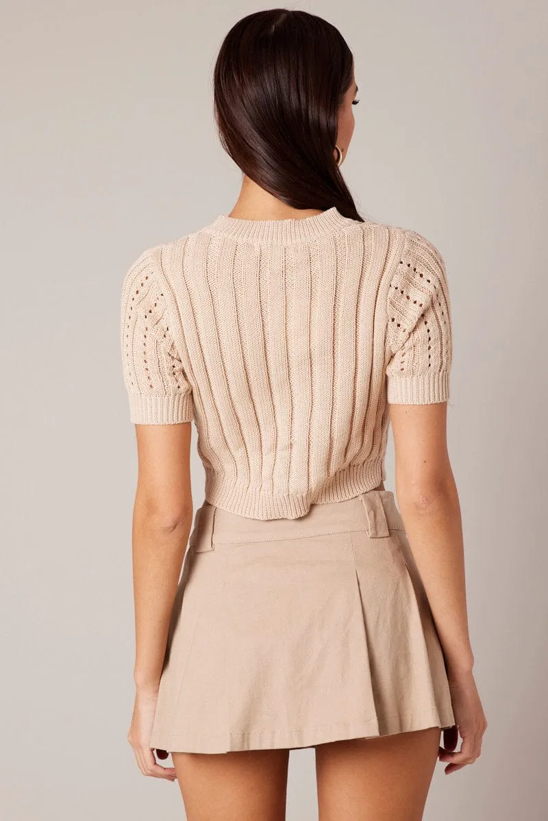 Beige Knit Top Crew Neck Short Sleeves Cropped sold by Ally Fashion product image thumbnail 5
