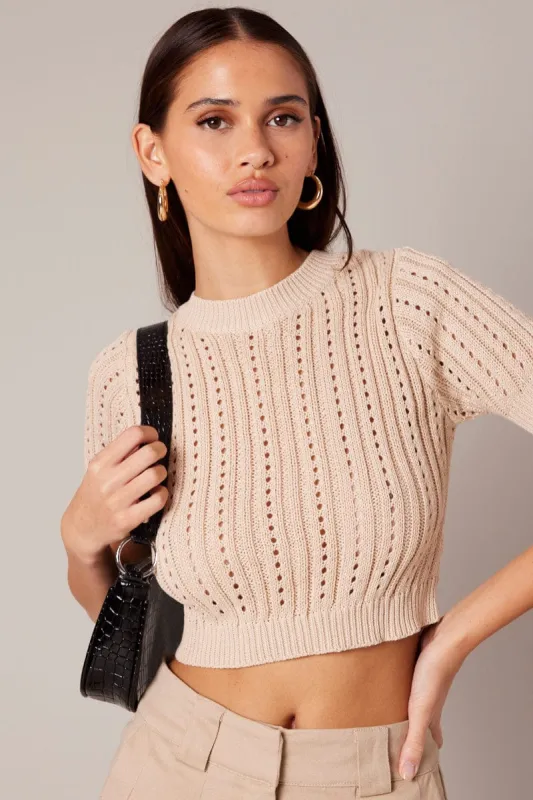 Beige Knit Top Crew Neck Short Sleeves Cropped sold by Ally Fashion