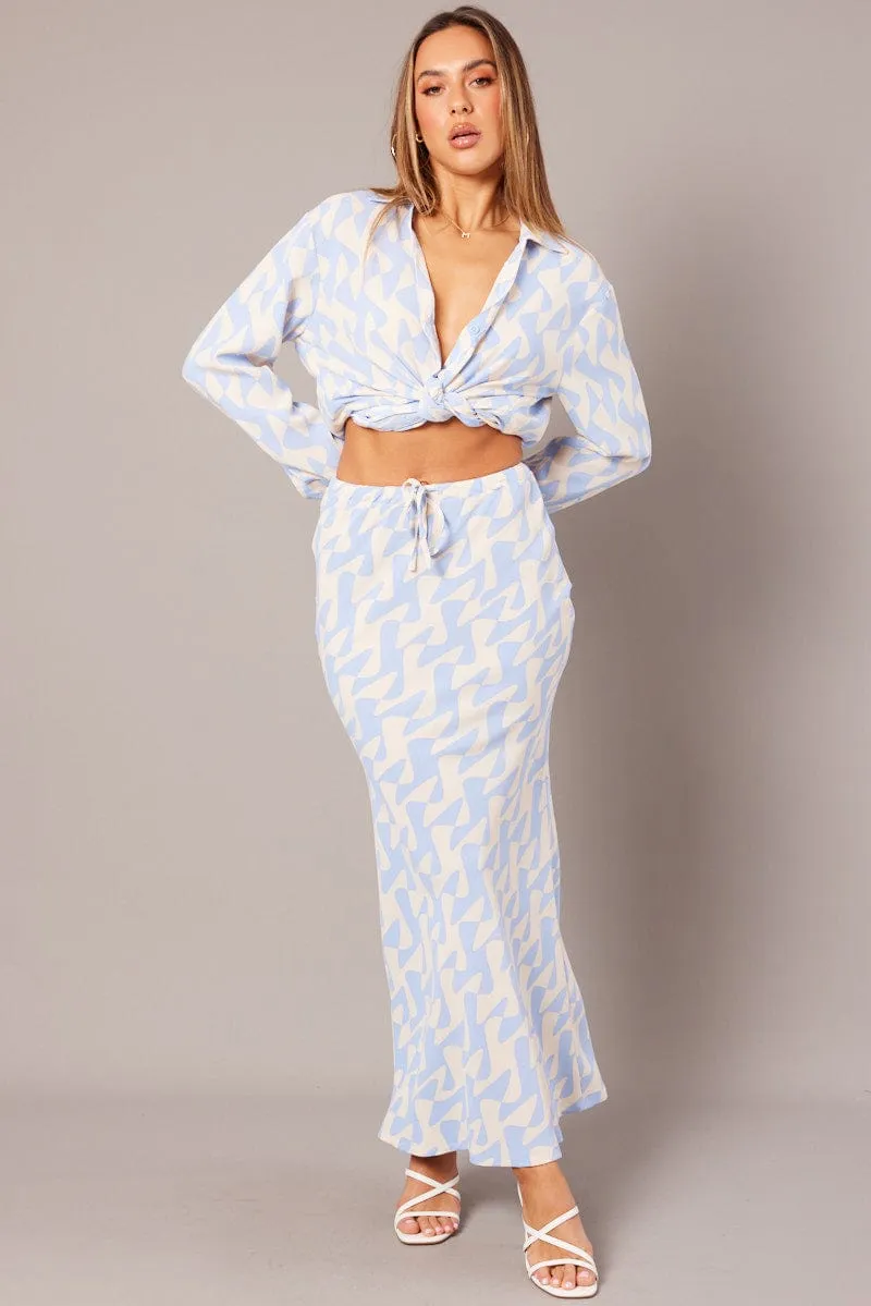 Blue Abstract Slip Skirt Maxi Drawstring Waist sold by Ally Fashion