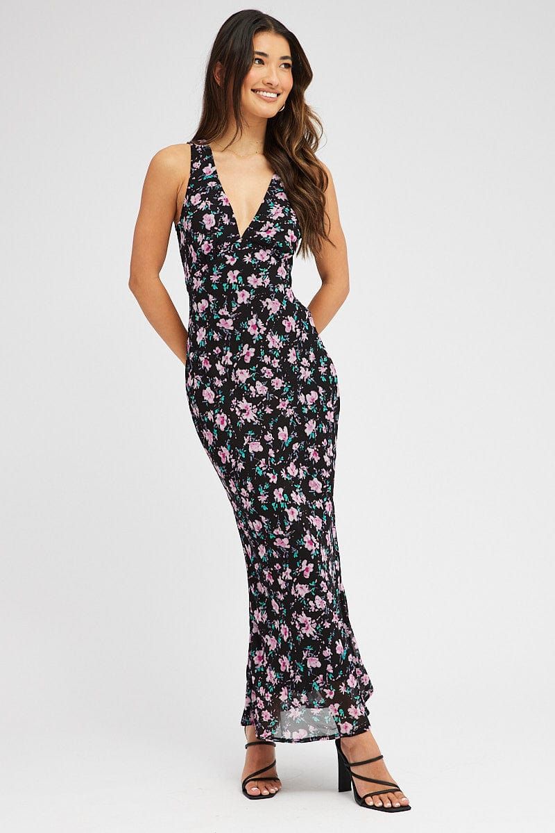 Black Floral Midi Dress Bias Cutting sold by Ally Fashion