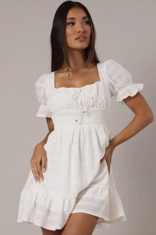 White Fit And Flare Dress Puff Sleeve sold by Ally Fashion