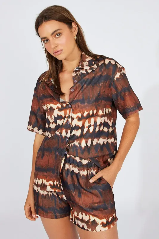 Brown Print Oversized Shirt and Pull on Shorts Set sold by Ally Fashion