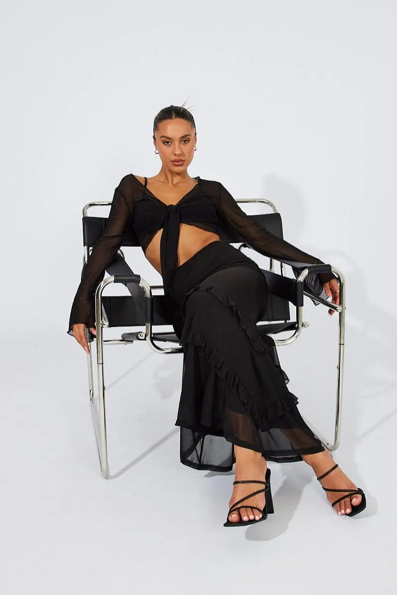 Black Maxi Skirt Mesh Asymmetric Ruffle sold by Ally Fashion
