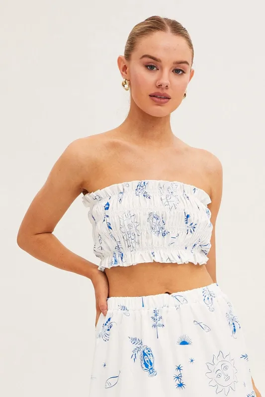 White Abstract Bandeau Top Shirred Print sold by Ally Fashion