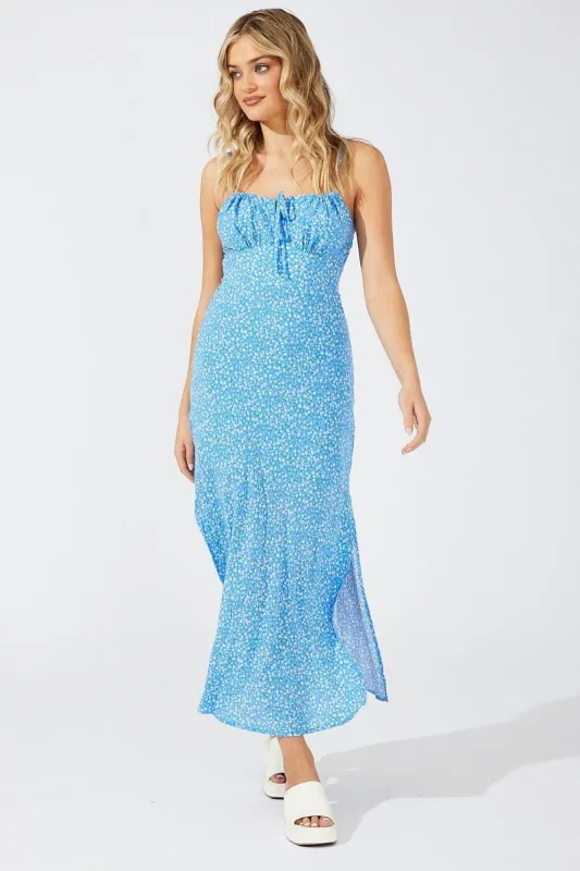 Blue Floral Midi Dress Gathering Bust Sleeveless sold by Ally Fashion