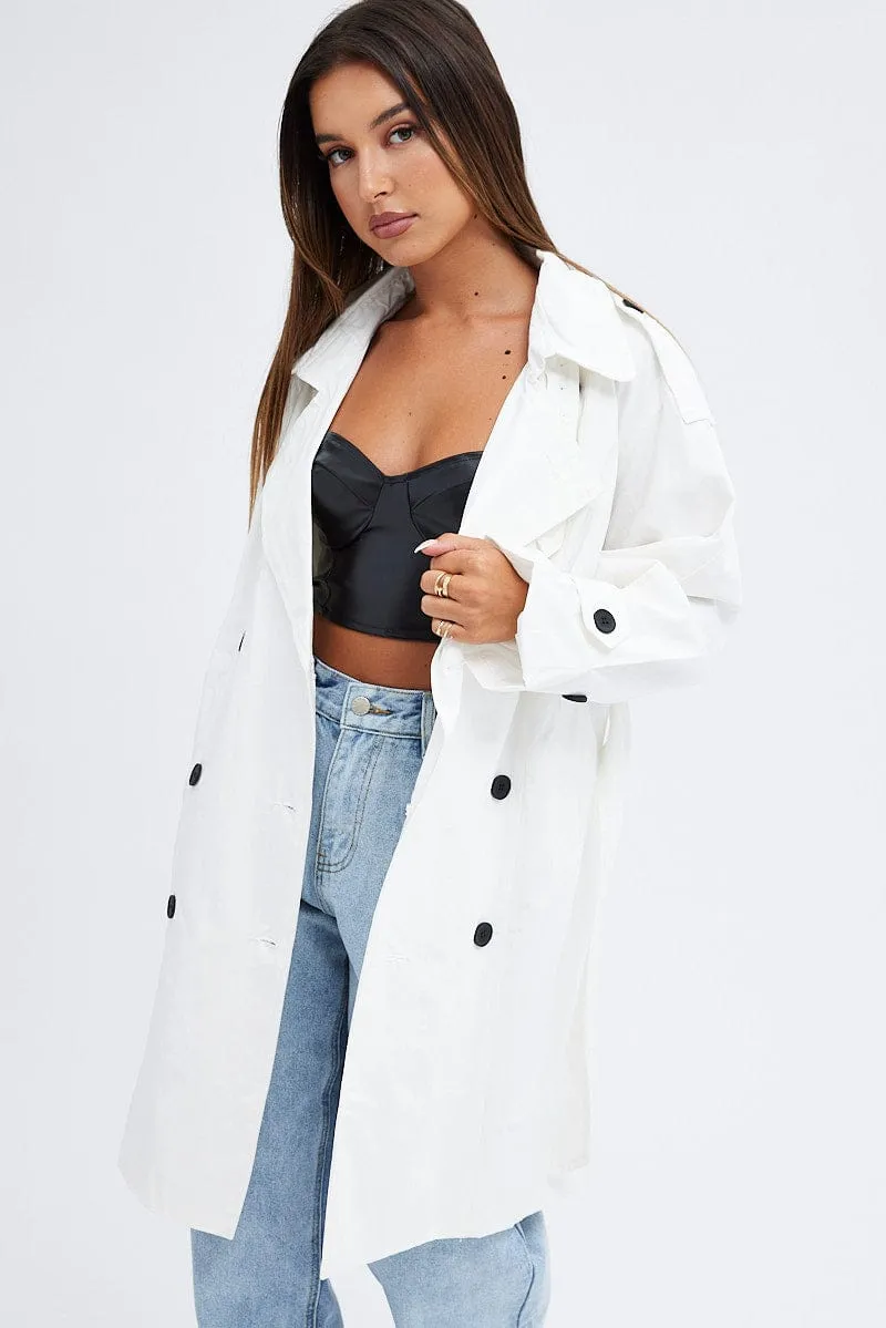 White Longline Trench Coat With Tie sold by Ally Fashion