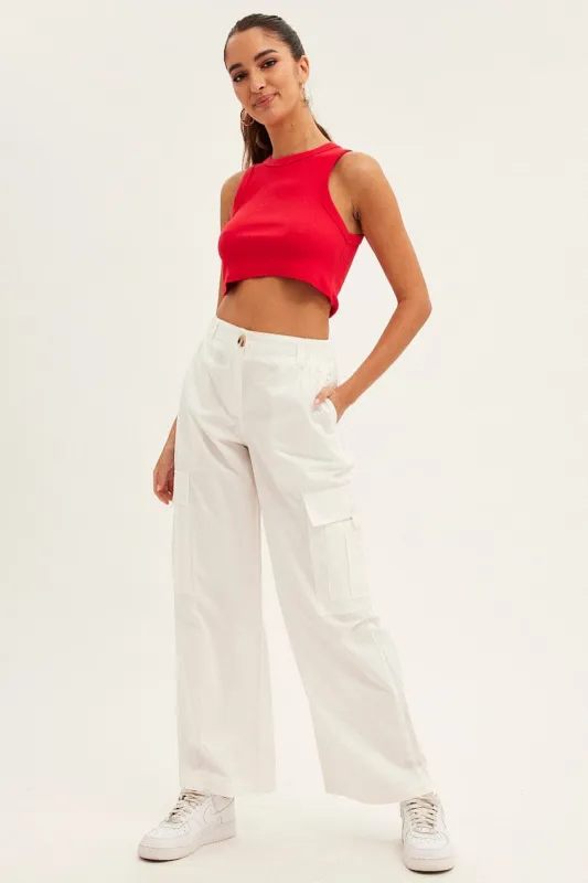White Cargo Pants Wide Leg Mid Rise sold by Ally Fashion