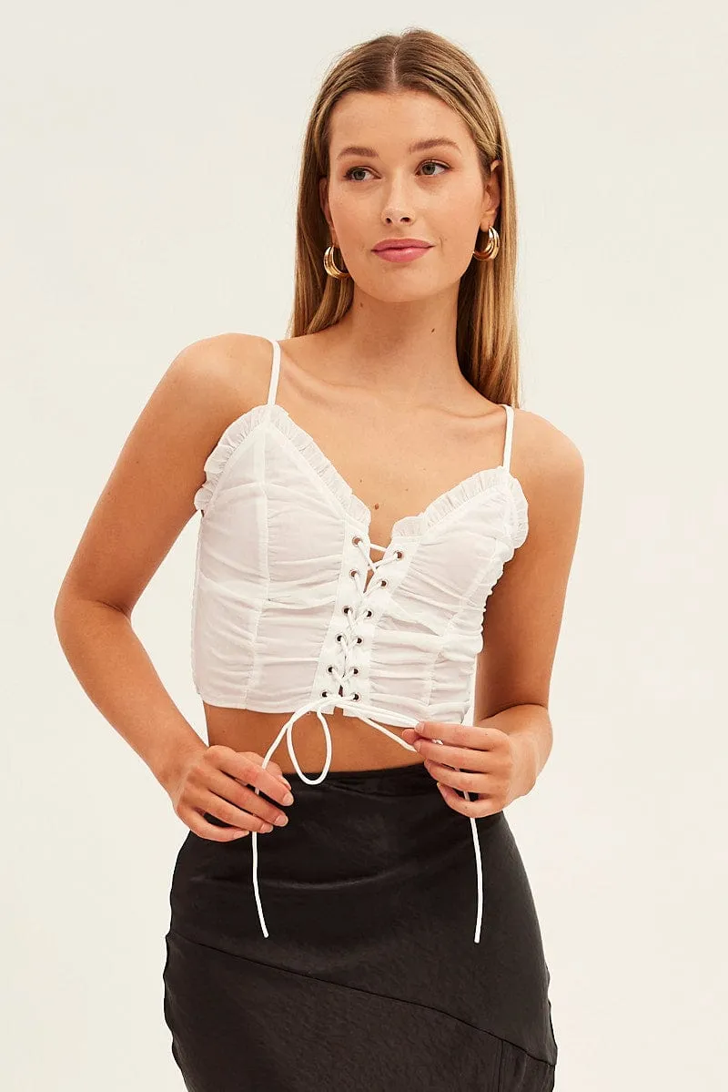 White Lace Up Ruffle Trim Corset Crop Top sold by Ally Fashion product image thumbnail 3
