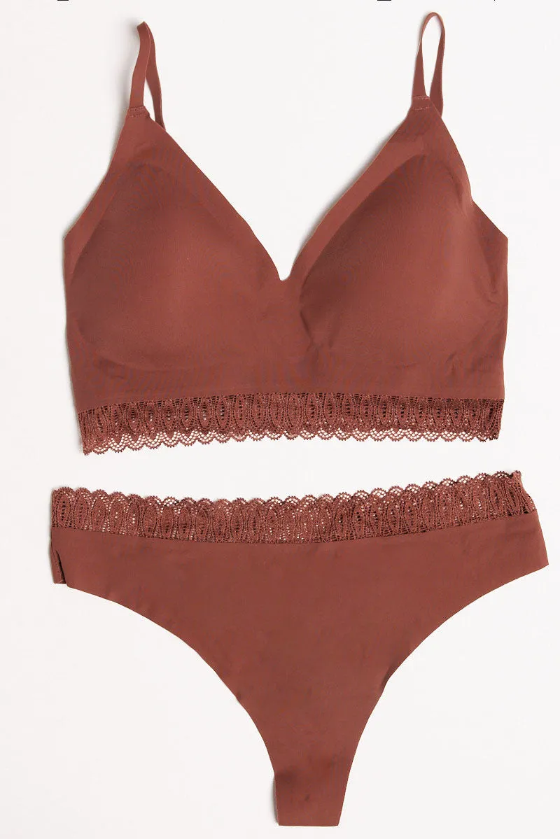 Brown Lace Trim Bralette and Knickers Lingerie Set sold by Ally Fashion