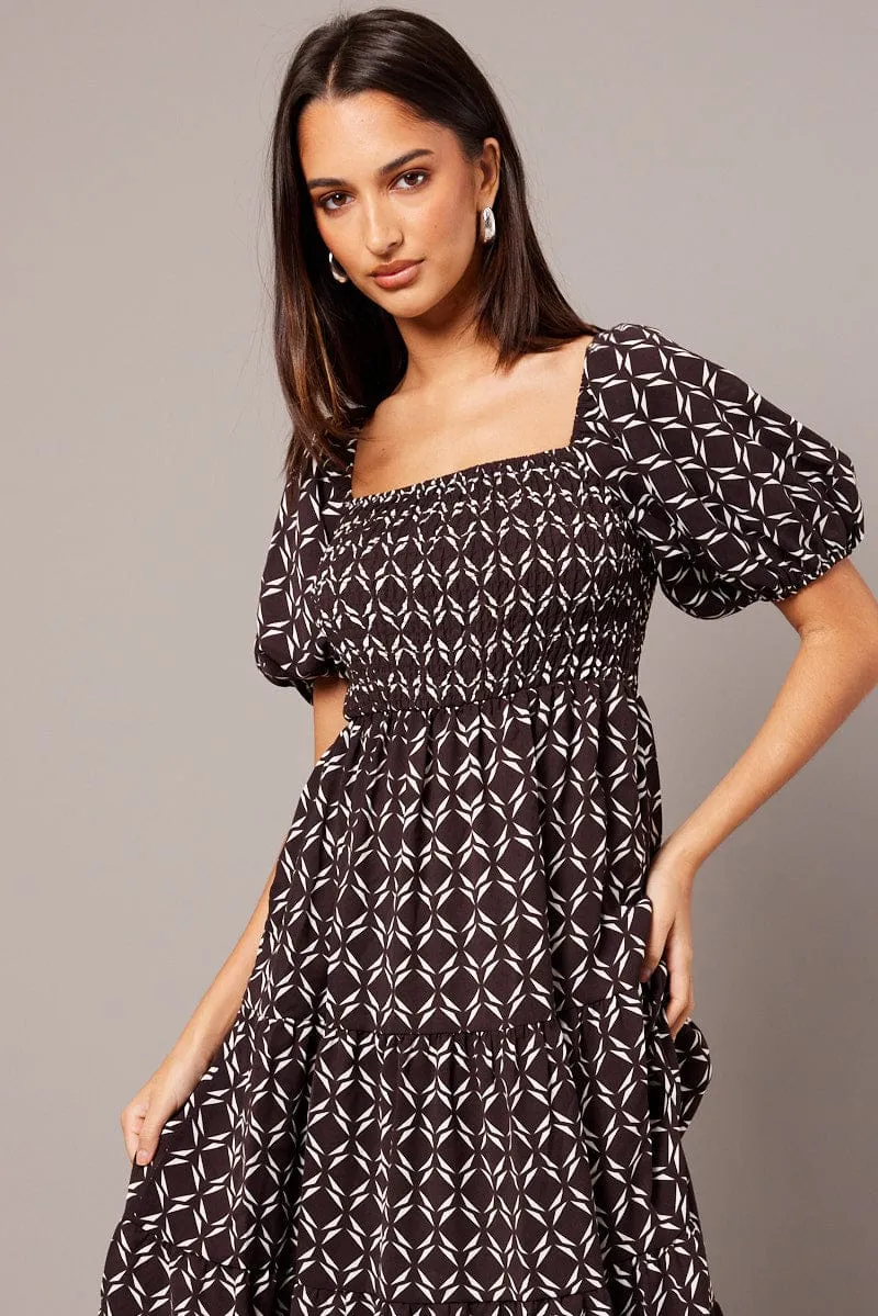 Brown Geo Midi Dress Puff Sleeve Shirred Bust sold by Ally Fashion product image thumbnail 3