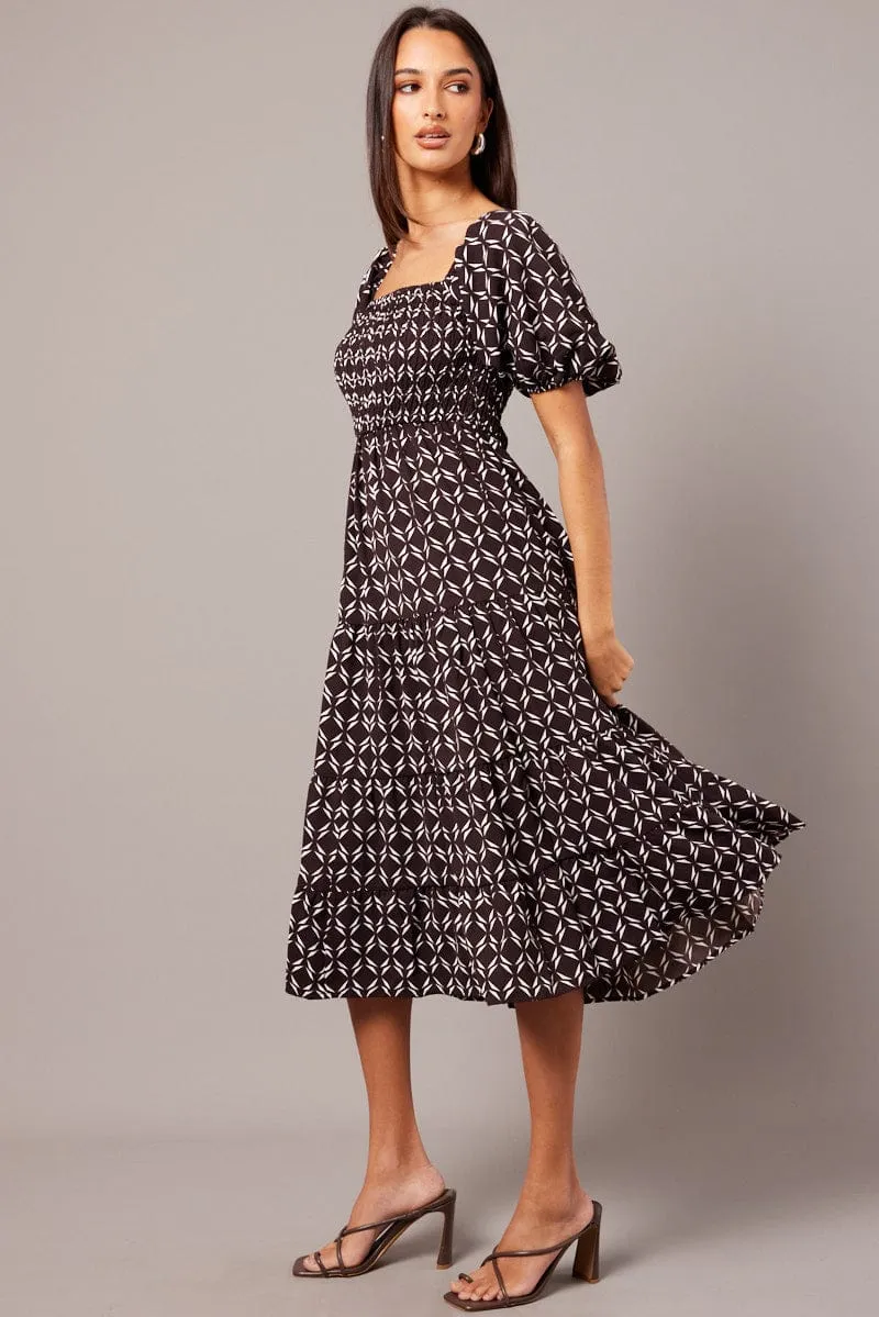 Brown Geo Midi Dress Puff Sleeve Shirred Bust sold by Ally Fashion product image thumbnail 4