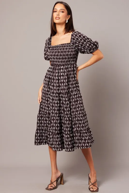 Brown Geo Midi Dress Puff Sleeve Shirred Bust sold by Ally Fashion