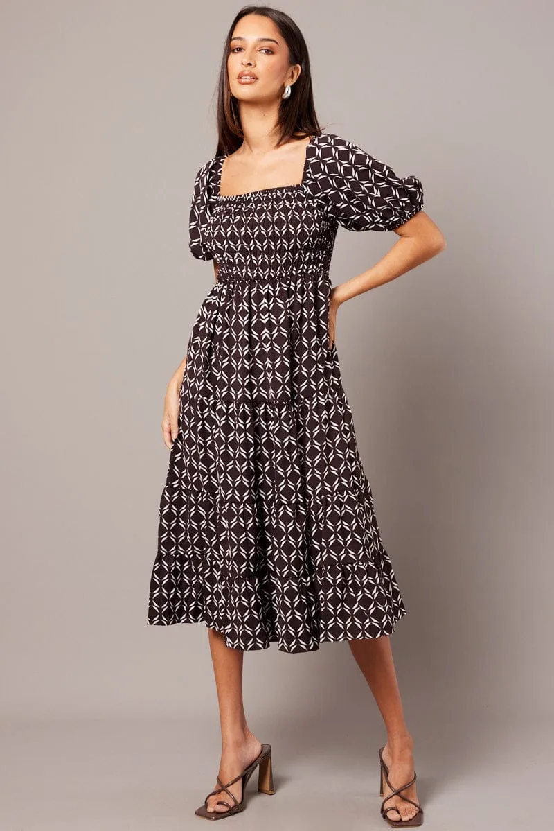 Brown Geo Midi Dress Puff Sleeve Shirred Bust sold by Ally Fashion