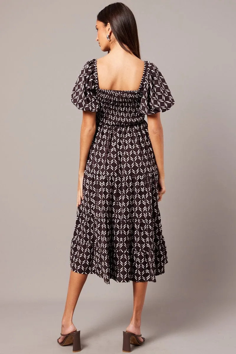 Brown Geo Midi Dress Puff Sleeve Shirred Bust sold by Ally Fashion product image thumbnail 5