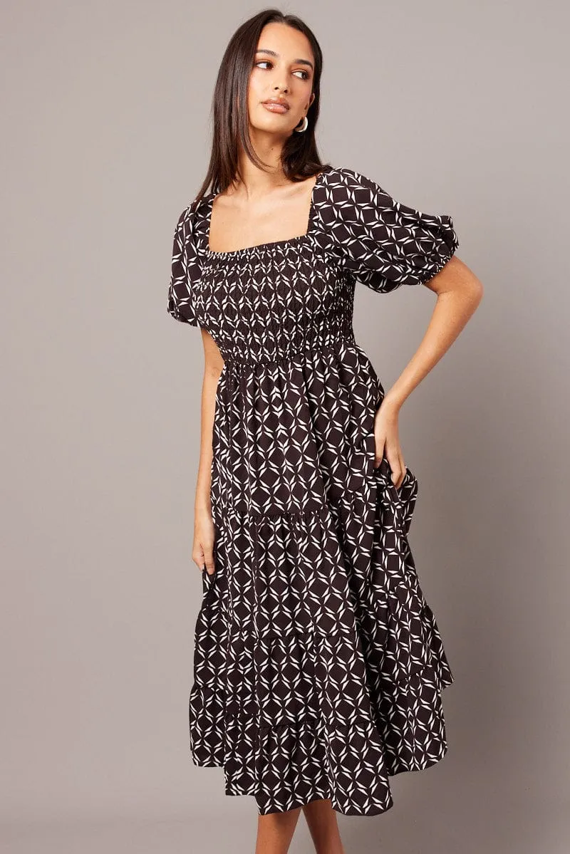 Brown Geo Midi Dress Puff Sleeve Shirred Bust sold by Ally Fashion product image thumbnail 2