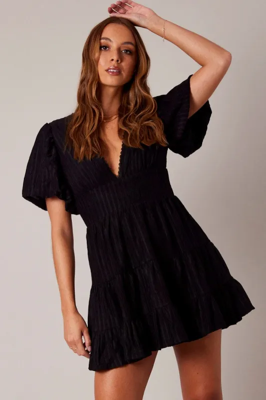 Black Fit And Flare Dress Puff Sleeve sold by Ally Fashion