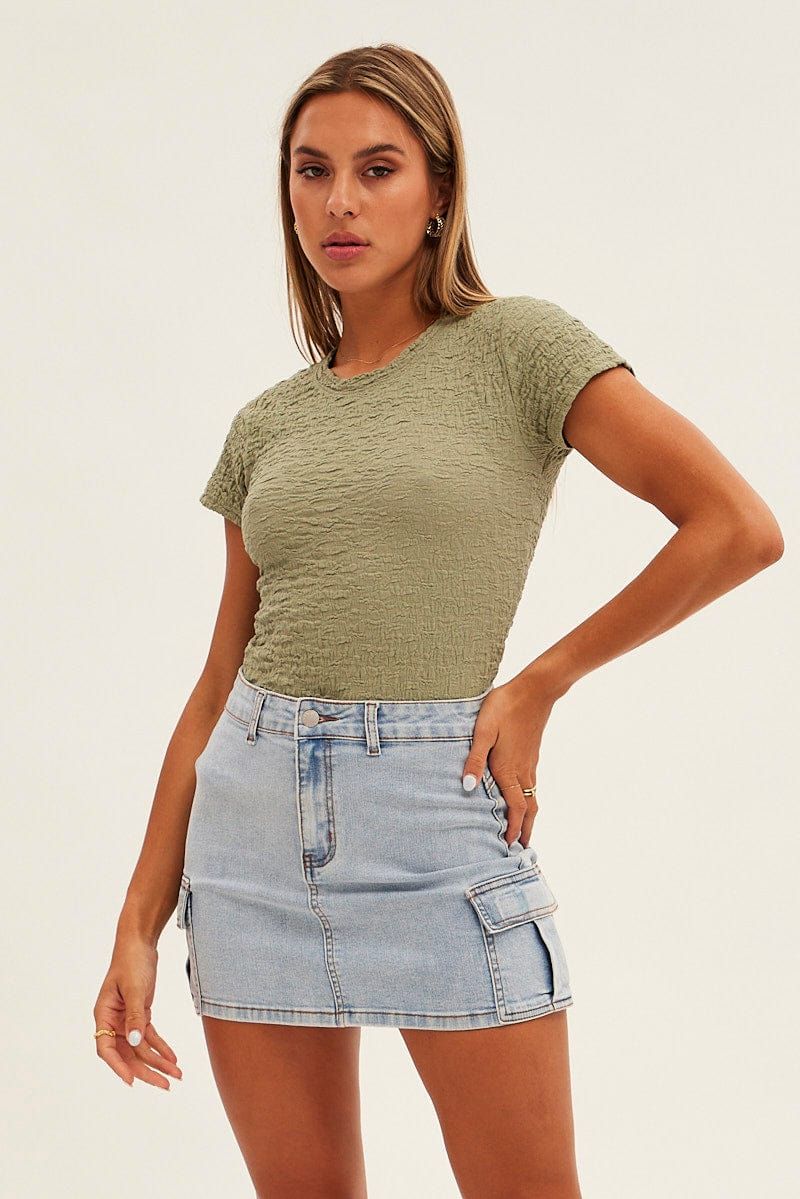 Green Textured Top Short Sleeve Crop Round Neck sold by Ally Fashion