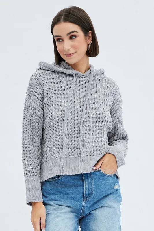 Grey Knit Top Long Sleeve Hoodie sold by Ally Fashion