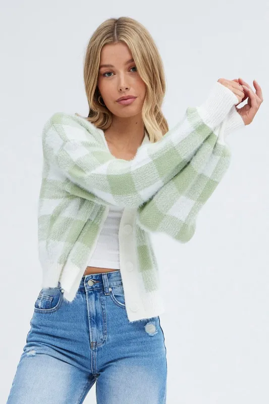 Green Check Crop Knit Cardigan Check sold by Ally Fashion