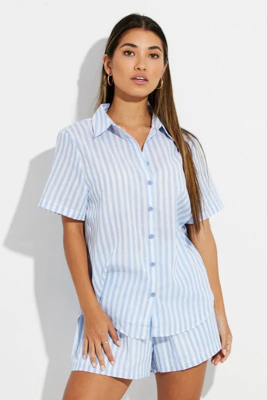 Blue Stripe Oversized Shirt Short Sleeve Collared Button Up sold by Ally Fashion