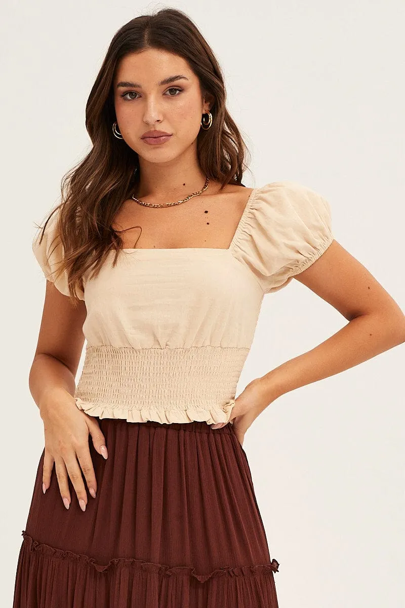 Beige Crop Top Puff Sleeve sold by Ally Fashion