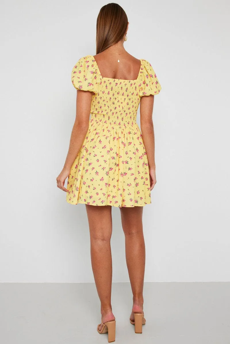 Yellow Floral Fit And Flare Dress Puff Sleeve Mini sold by Ally Fashion product image thumbnail 5