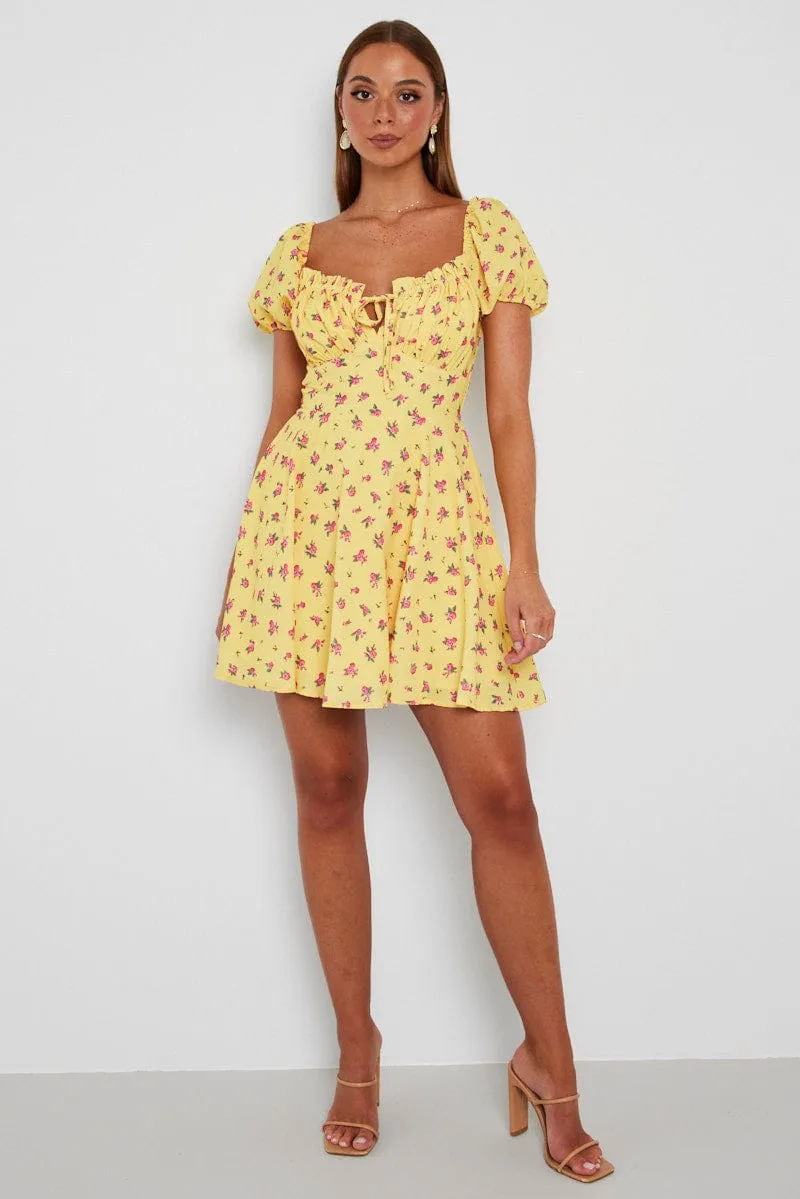 Yellow Floral Fit And Flare Dress Puff Sleeve Mini sold by Ally Fashion product image thumbnail 2