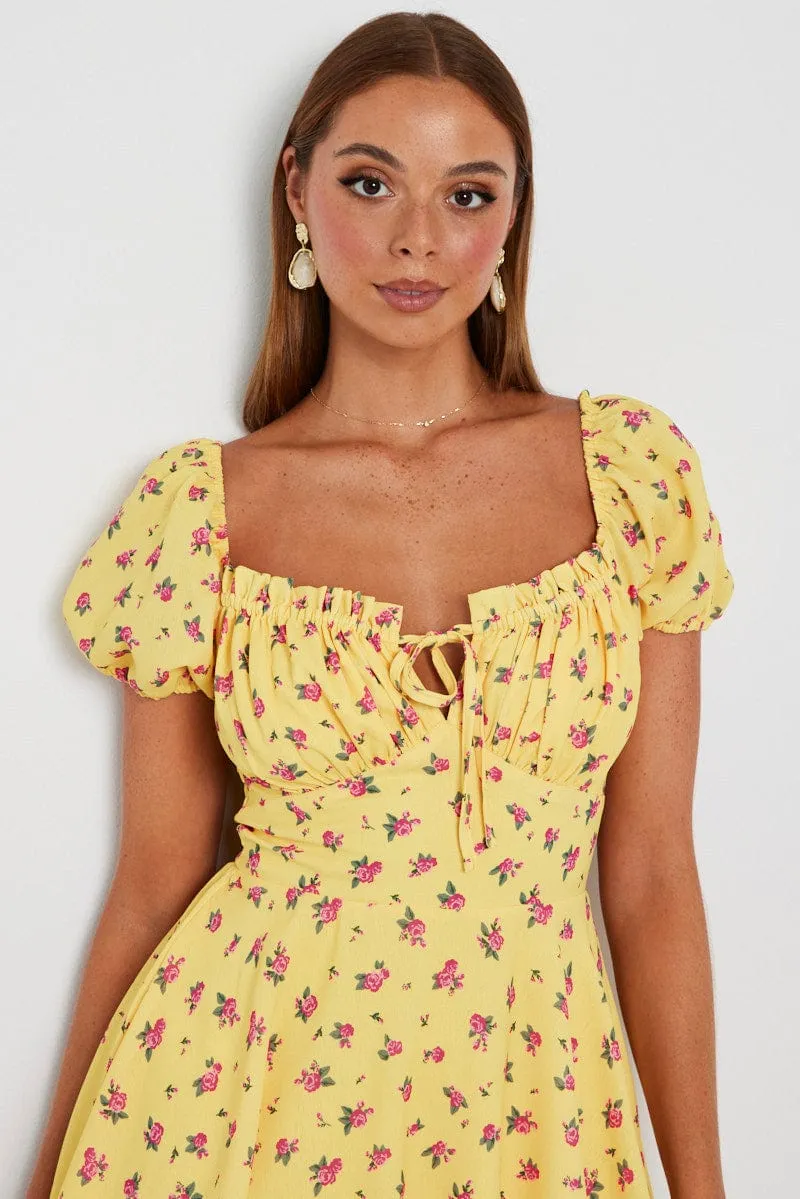 Yellow Floral Fit And Flare Dress Puff Sleeve Mini sold by Ally Fashion product image thumbnail 3