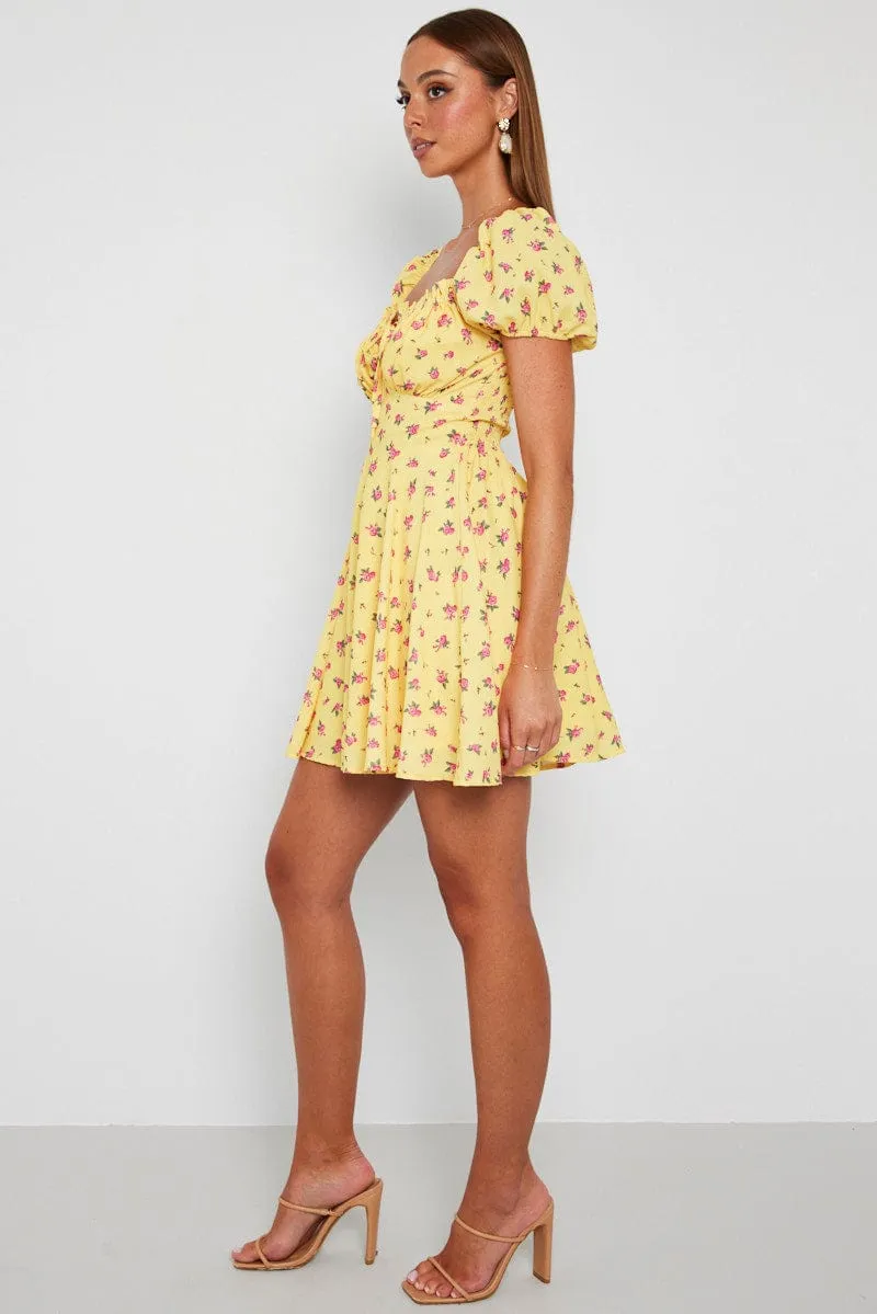 Yellow Floral Fit And Flare Dress Puff Sleeve Mini sold by Ally Fashion product image thumbnail 4